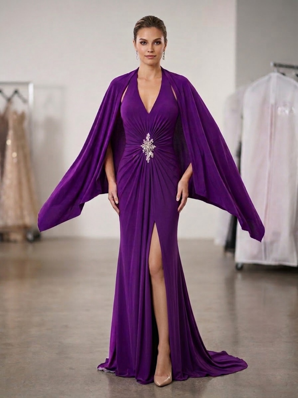 Tony Bowls Purple V-Neck Evening Gown with Draped Cape